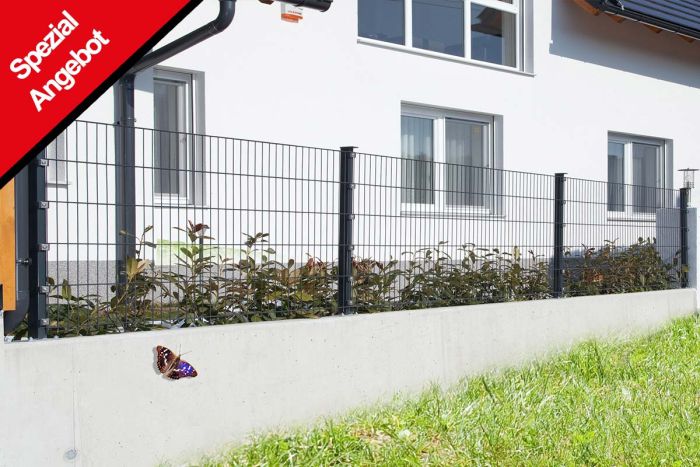 Zaun Gartenzaun Komplettset 10 m, Farbe: anthrazit, Höhe: 143 cm, mit Fußplatten, Doppelstabmatten 6/5/6