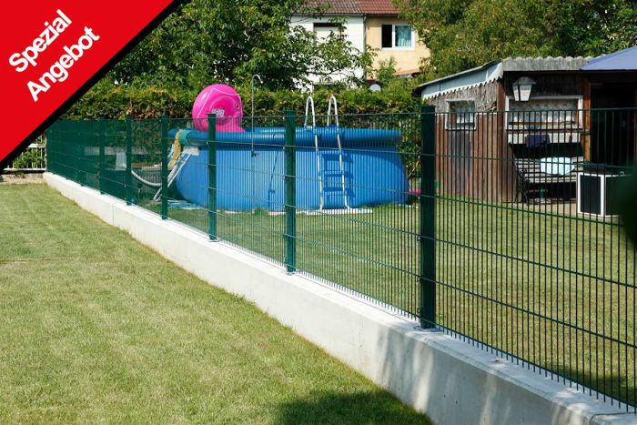 Zaun Gartenzaun Komplettset 10 m, Farbe: grün, Höhe: 123 cm, mit Fußplatten, Doppelstabmatten 6/5/6